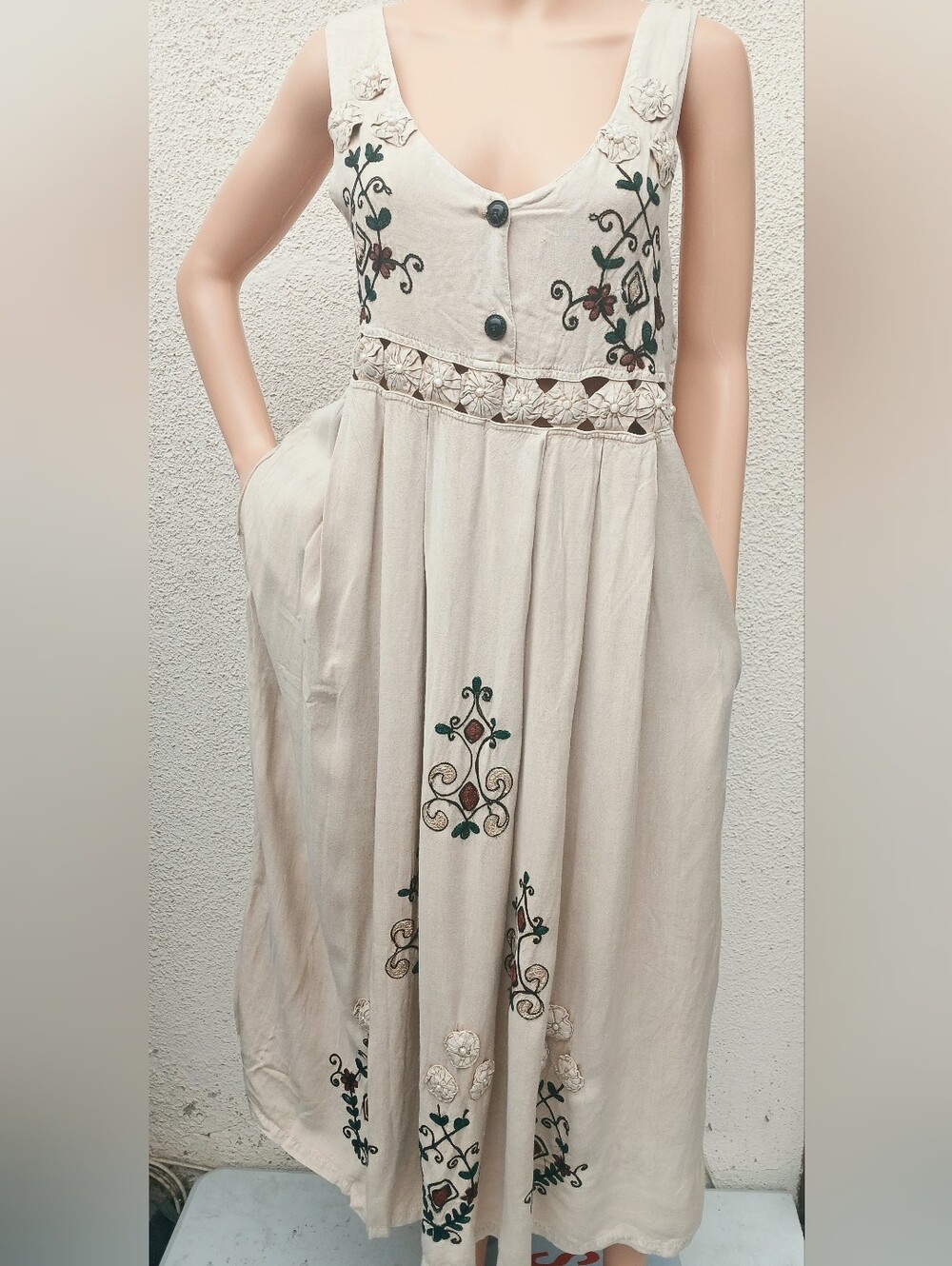 Boho Embroidered Maxi Dress Beige Rayon Sleeveless V-Neck Pockets Size M